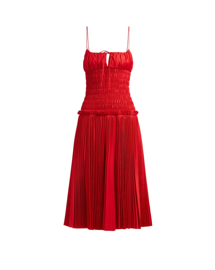 Red smocked-bodice cotton dress with pleated skirt and thin straps — Khaite | Endless UAE