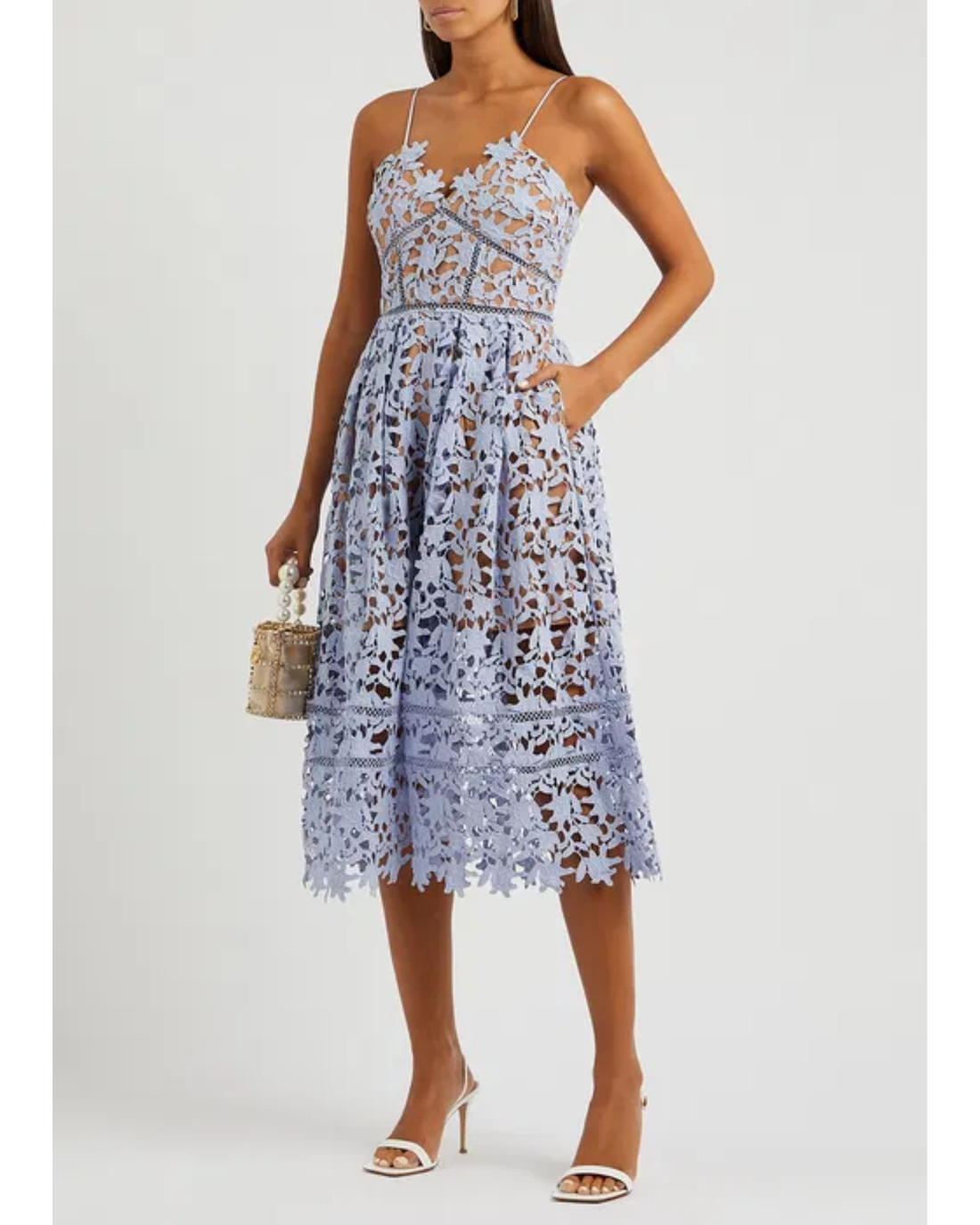 Light blue guipure lace midi dress with open back and tiered skirt — Self-Portrait | Endless UAE