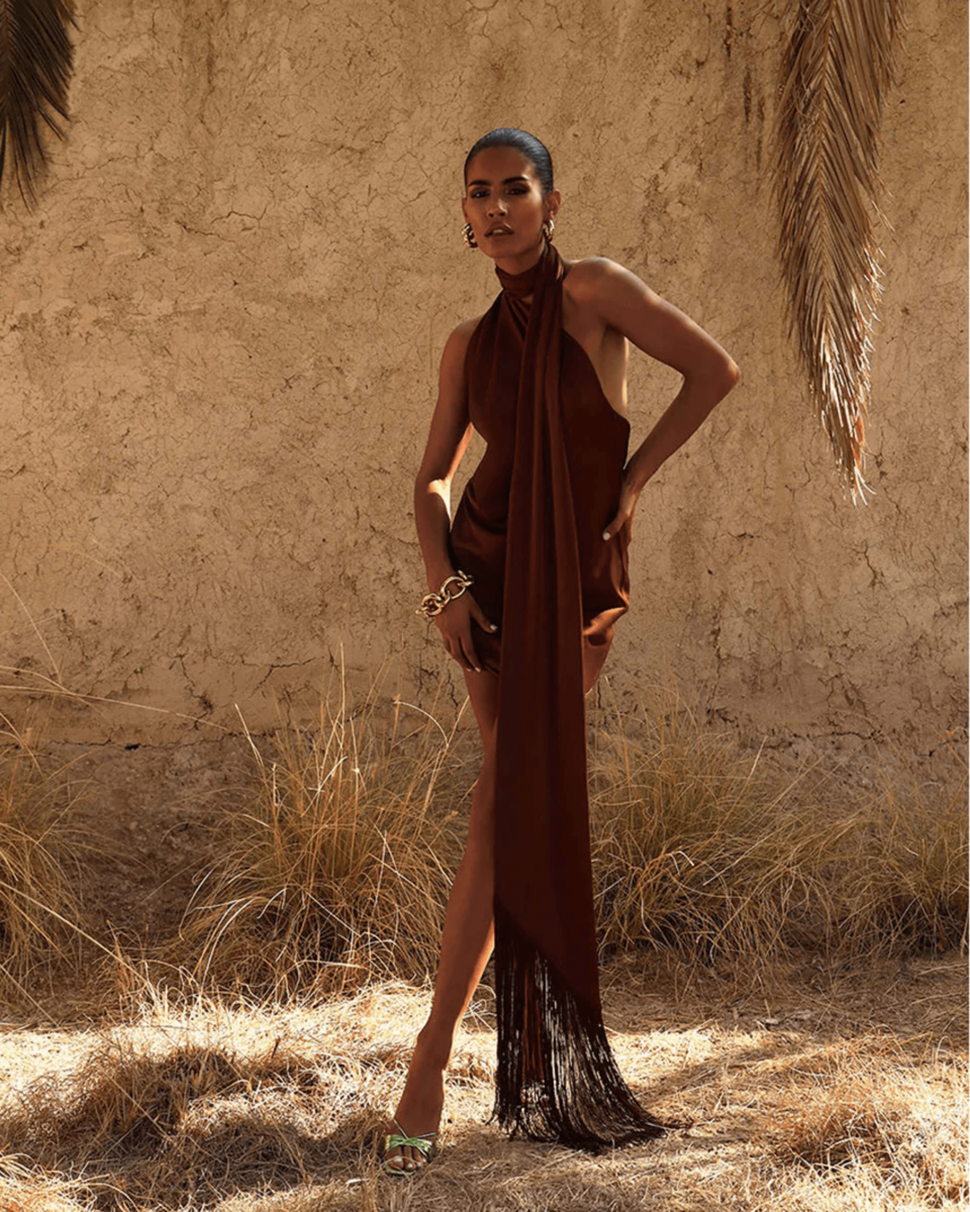 Serafia Cocoa Dress with halter neckline and fringed hem detail — Rat & Boa | Endless UAE