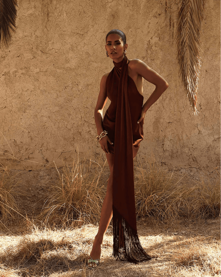 Serafia Cocoa Dress with halter neckline and fringed hem detail — Rat & Boa | Endless UAE