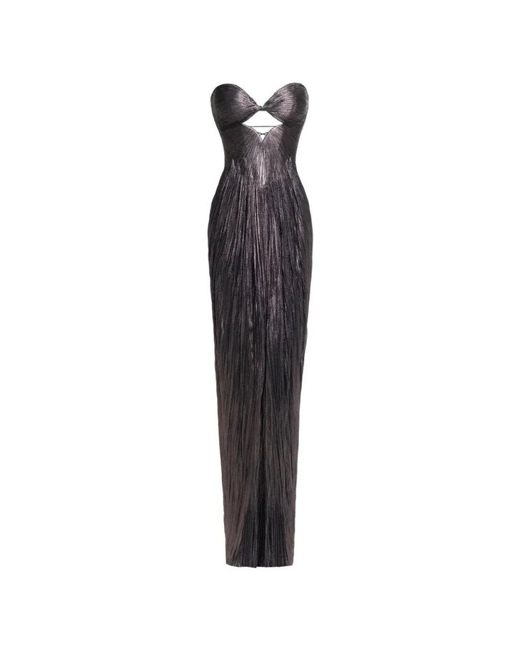 Black pleated strapless maxi dress with cutout detail and high slit — Maria Lucia Hohan | Endless UAE