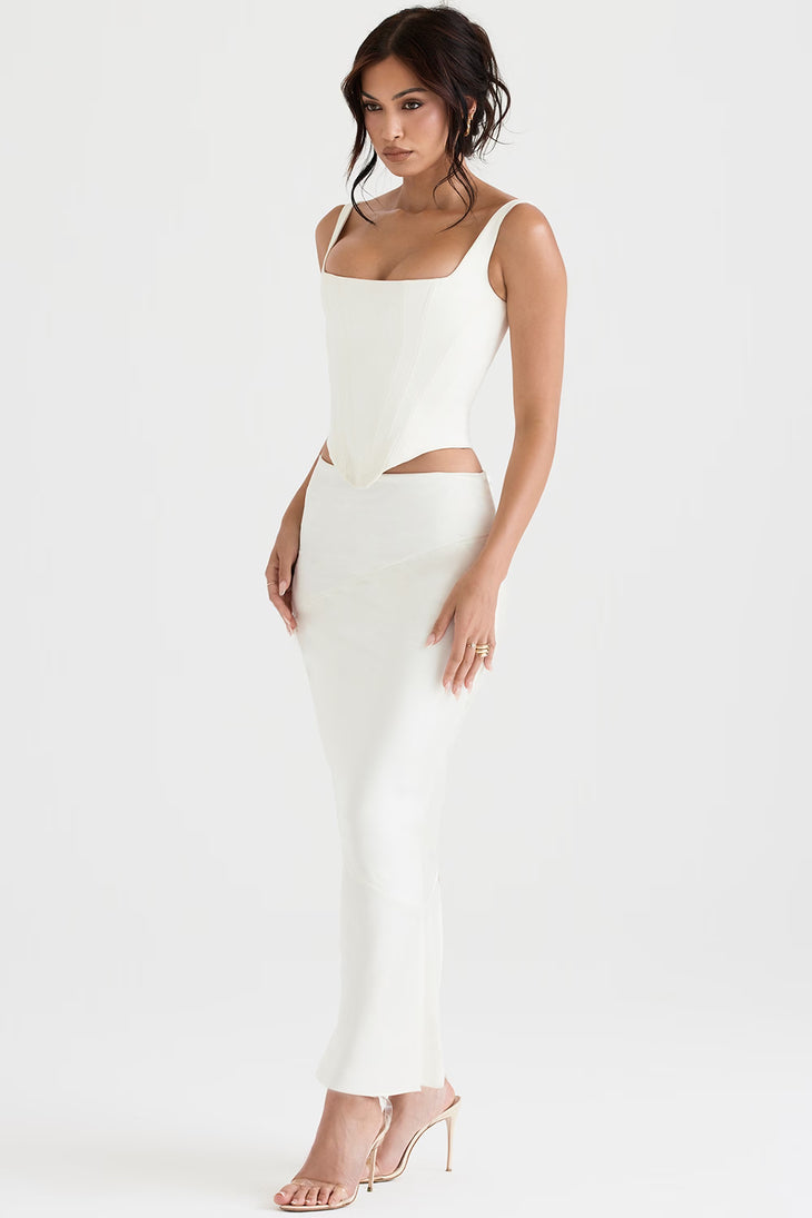 White satin bias cut midi skirt with cutout corset top — House of CB | Endless UAE