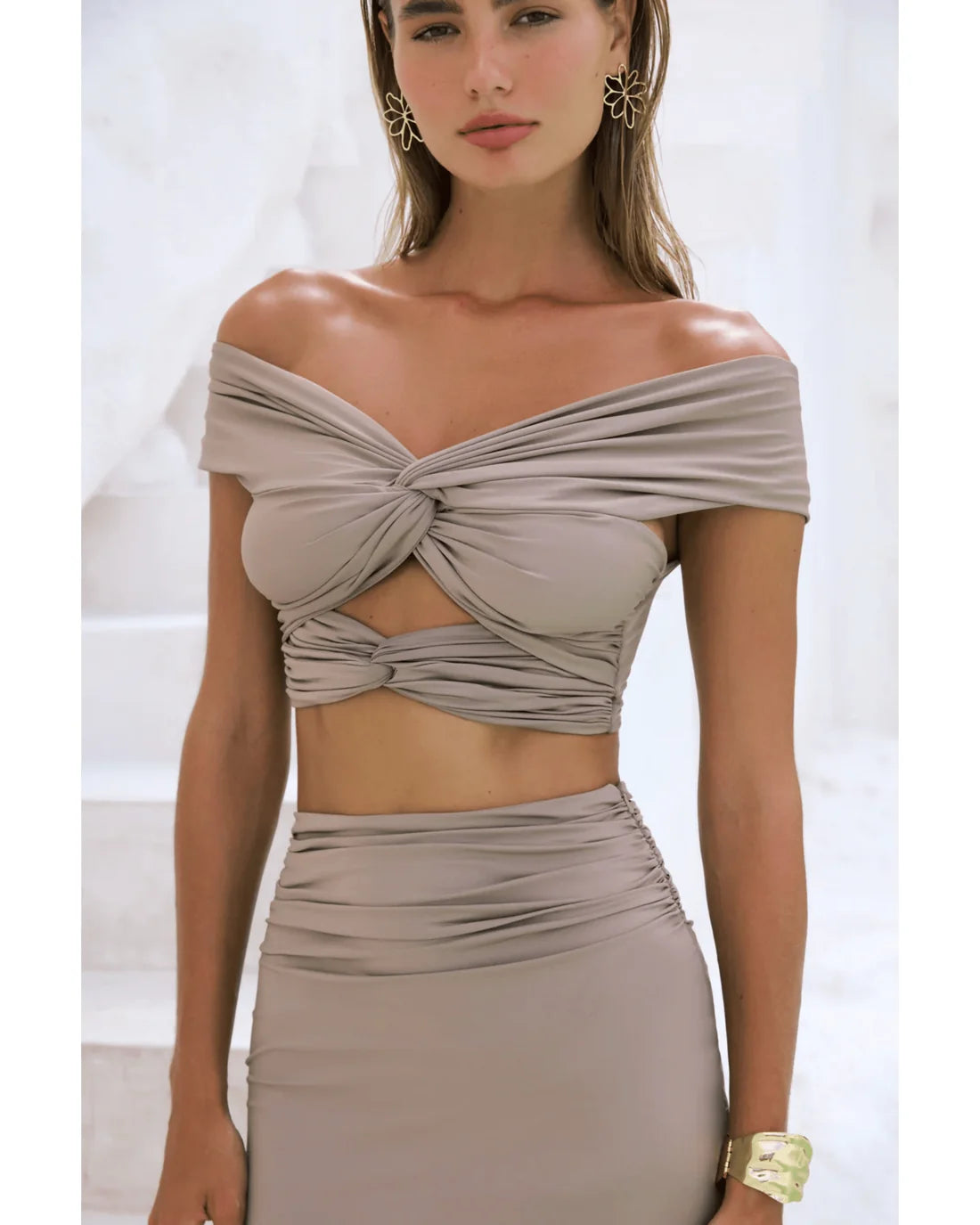 Beige ruched off-shoulder crop top and skirt co-ord set with twisted knot details — BY ALL'E | Endless UAE