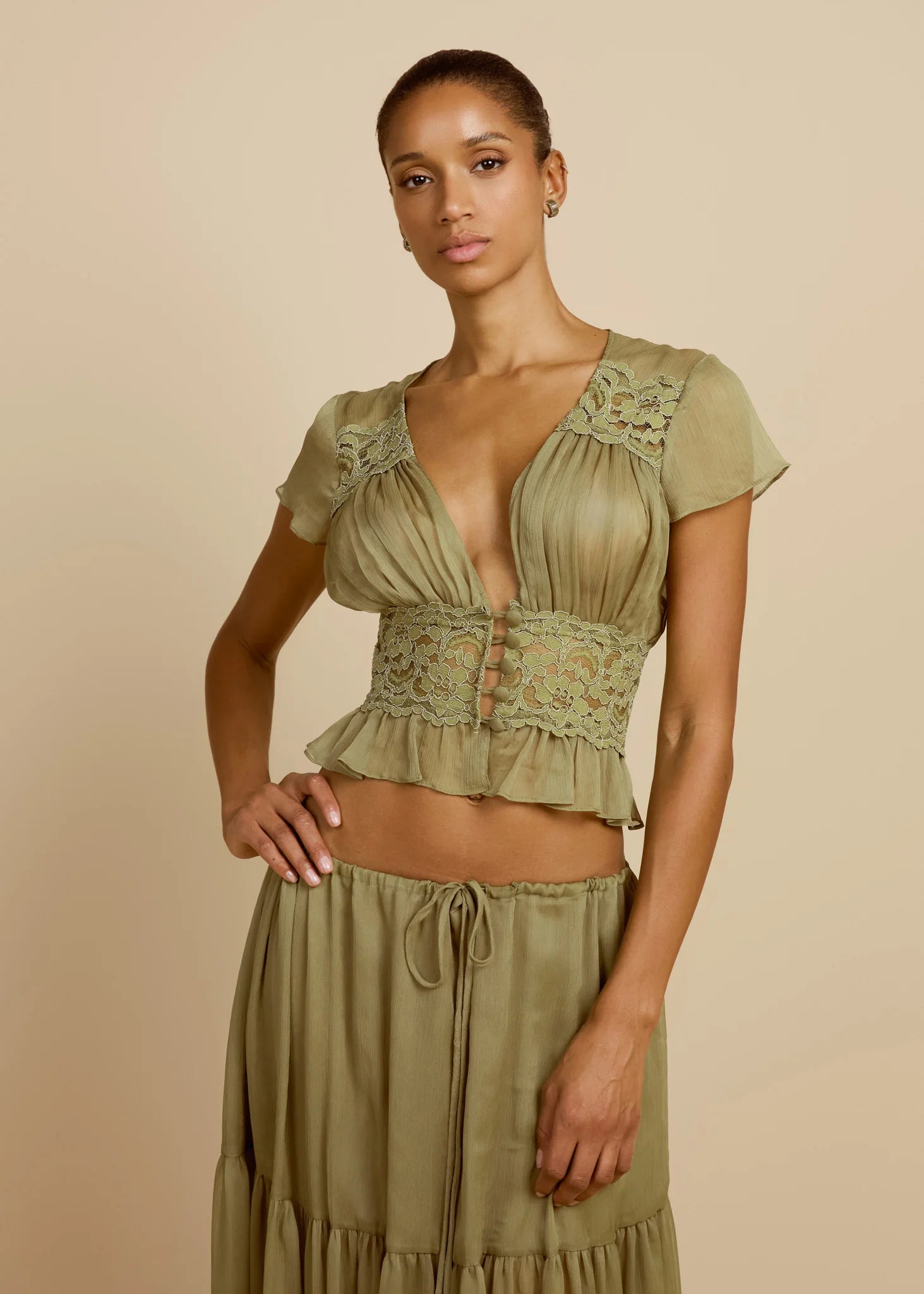Sabrina Top in sage with lace detailing and ruched front — Arcina Ori | Endless UAE