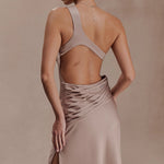 Lyla Dress in beige one-shoulder maxi with flowing silhouette — Meshki | Endless UAE