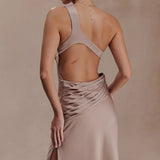 Lyla Dress in beige one-shoulder maxi with flowing silhouette — Meshki | Endless UAE