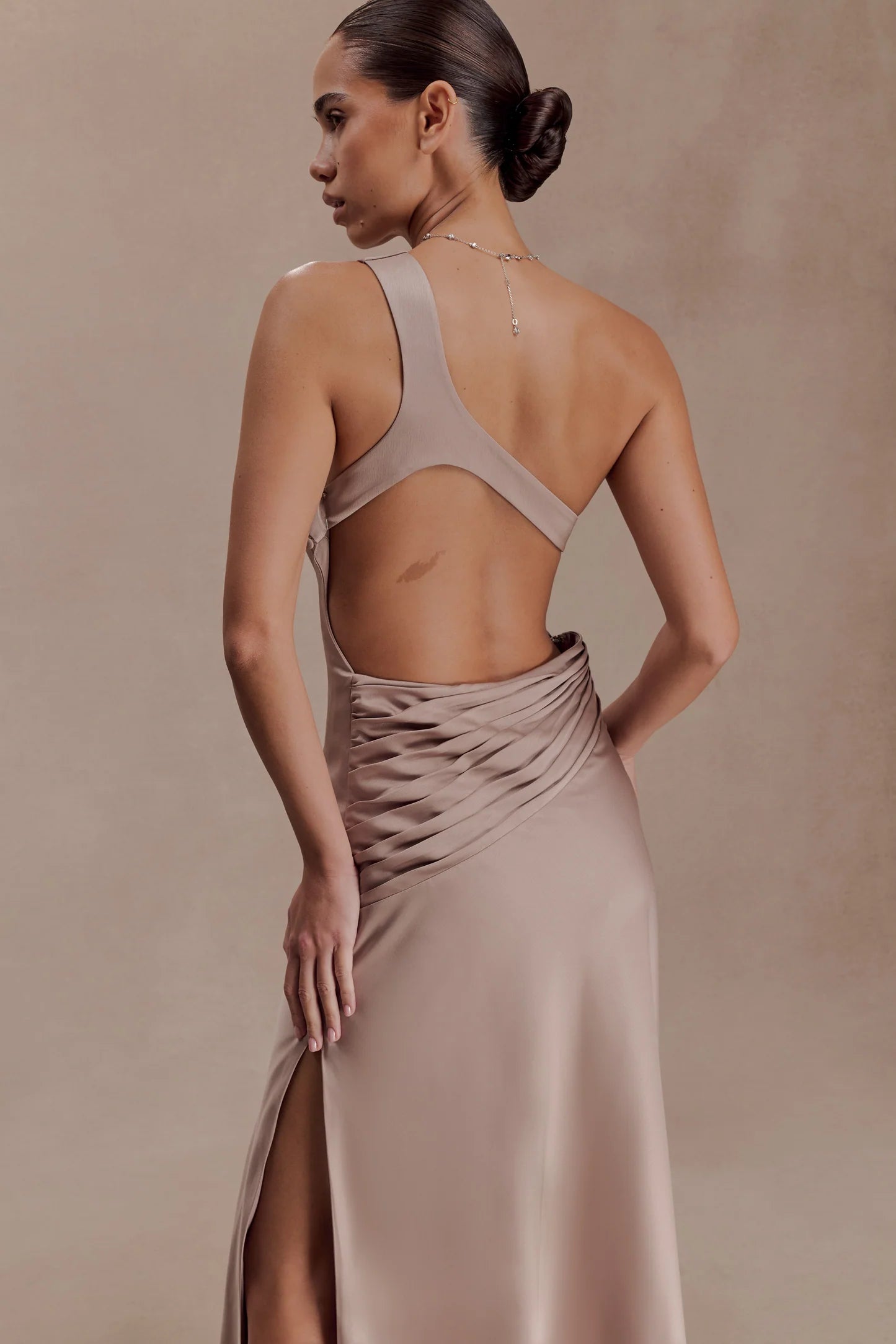 Lyla Dress in beige one-shoulder maxi with flowing silhouette — Meshki | Endless UAE