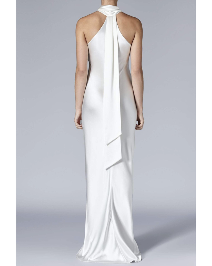 White halterneck sleeveless wrap dress with asymmetric draping — Galvan | Endless UAE