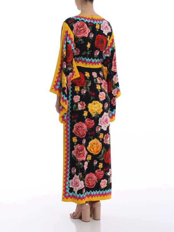 Rose Print Silk Charmeuse Gown with colorful geometric trim — Dolce & Gabbana | Endless UAE