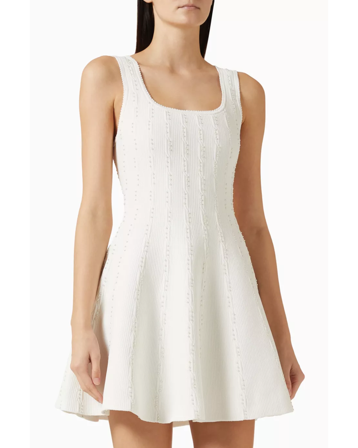 Lyssandra Mini Dress in cream with ribbed texture and scoop neckline — Sandro | Endless UAE