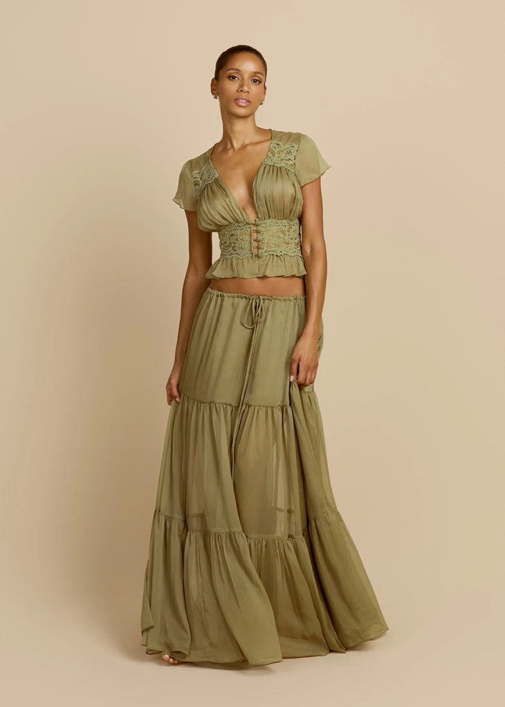 Sabrina Skirt in sage green with tiered ruffles and drawstring waist — Arcina Ori | Endless UAE