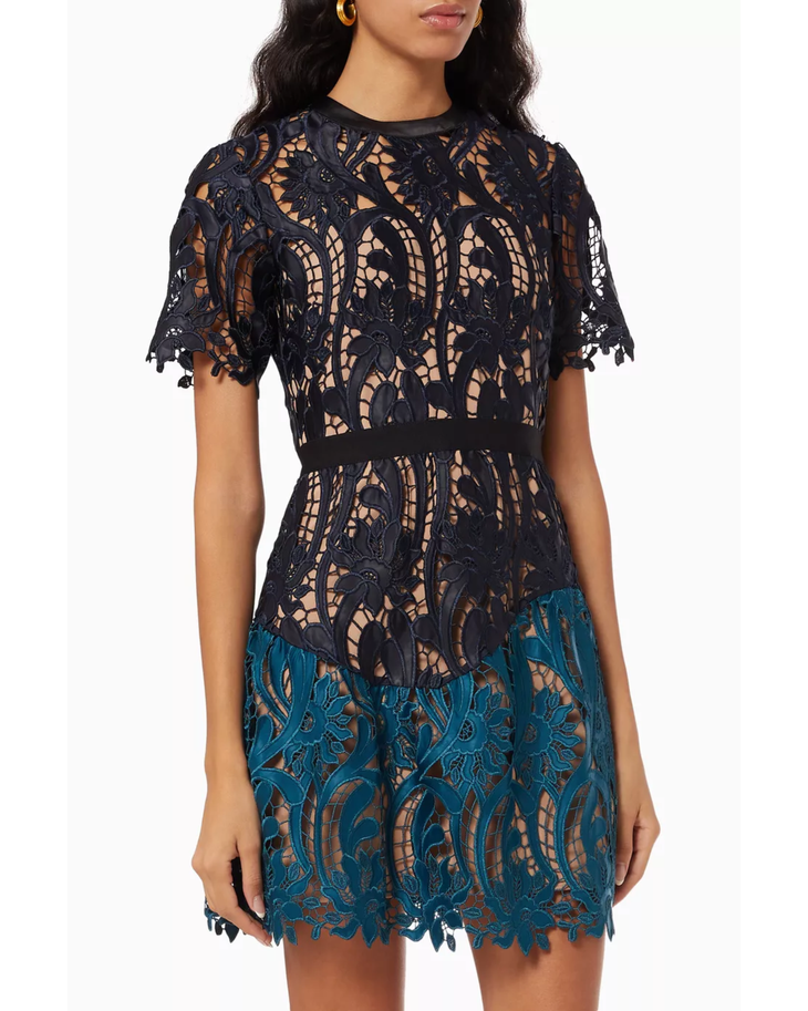 Black and teal lace mini dress with short sleeves and patchwork design — Self-Portrait | Endless UAE
