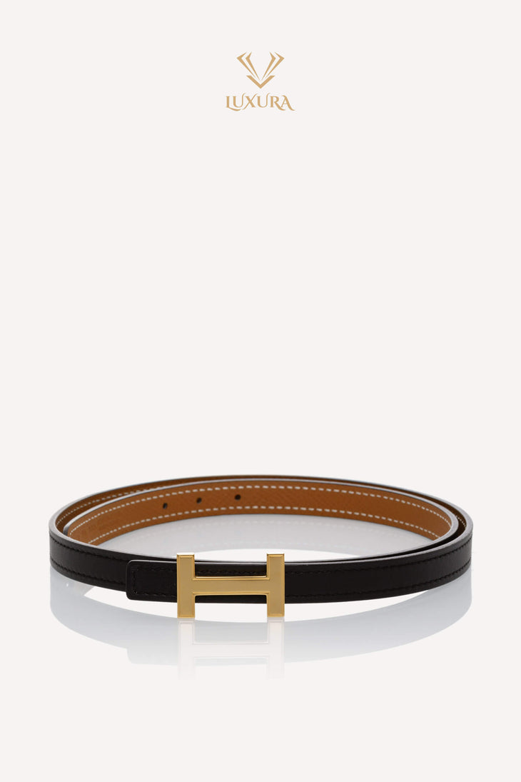 Black reversible leather belt with gold H buckle — Hermes | Endless UAE