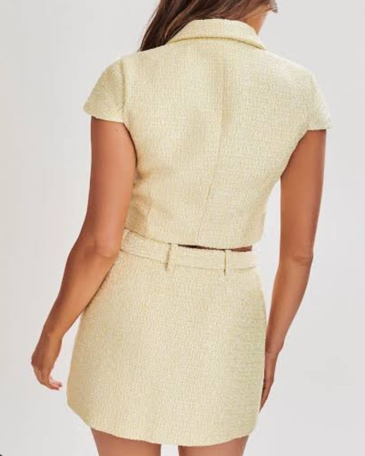 Mercer Tweed Top in cream featuring short sleeves, collared neckline and button front — Meshki | Endless UAE