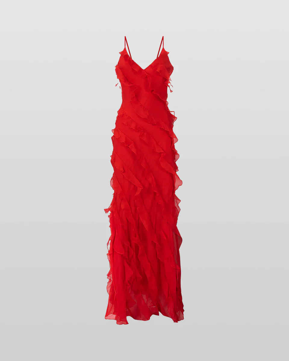 Red ruffled maxi dress with thin straps and V-neckline — Rat & Boa | Endless UAE