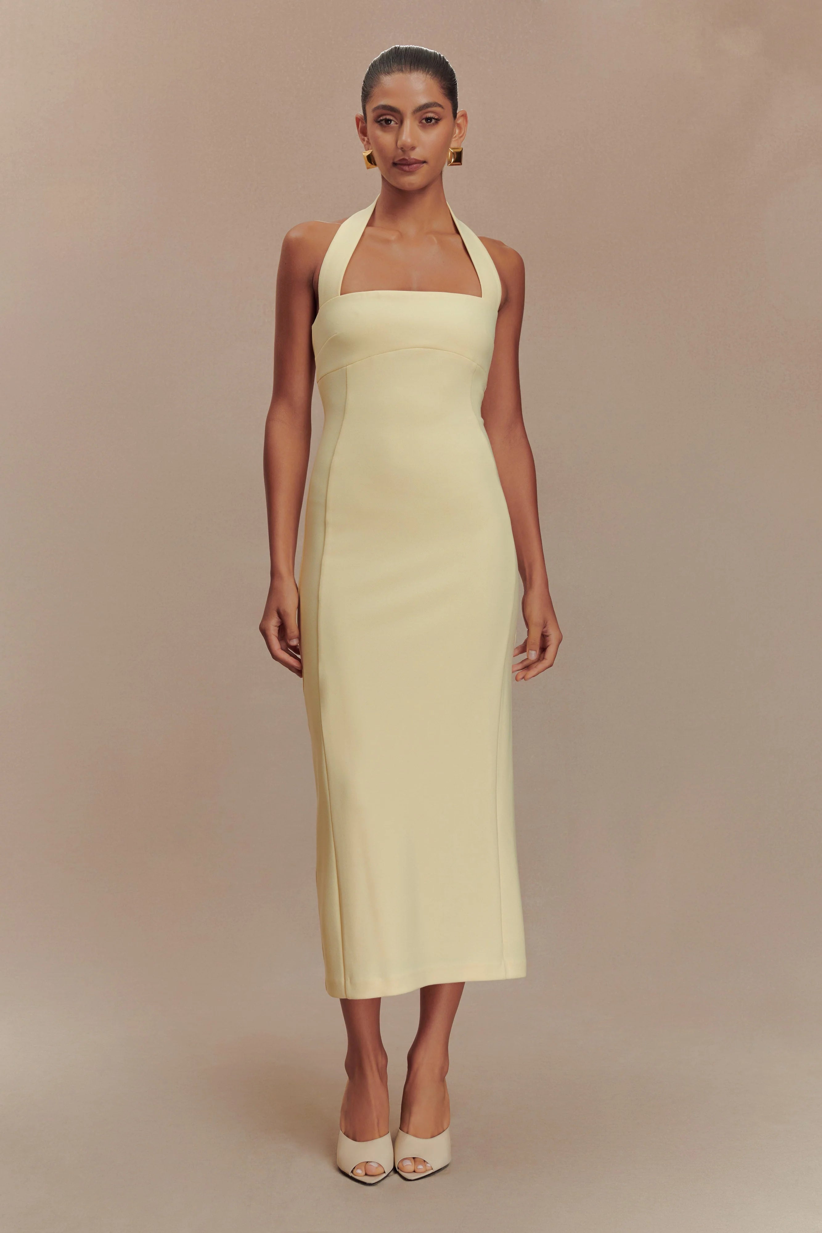 Cream halter midi dress with square neckline and fitted silhouette — Meshki | Endless UAE