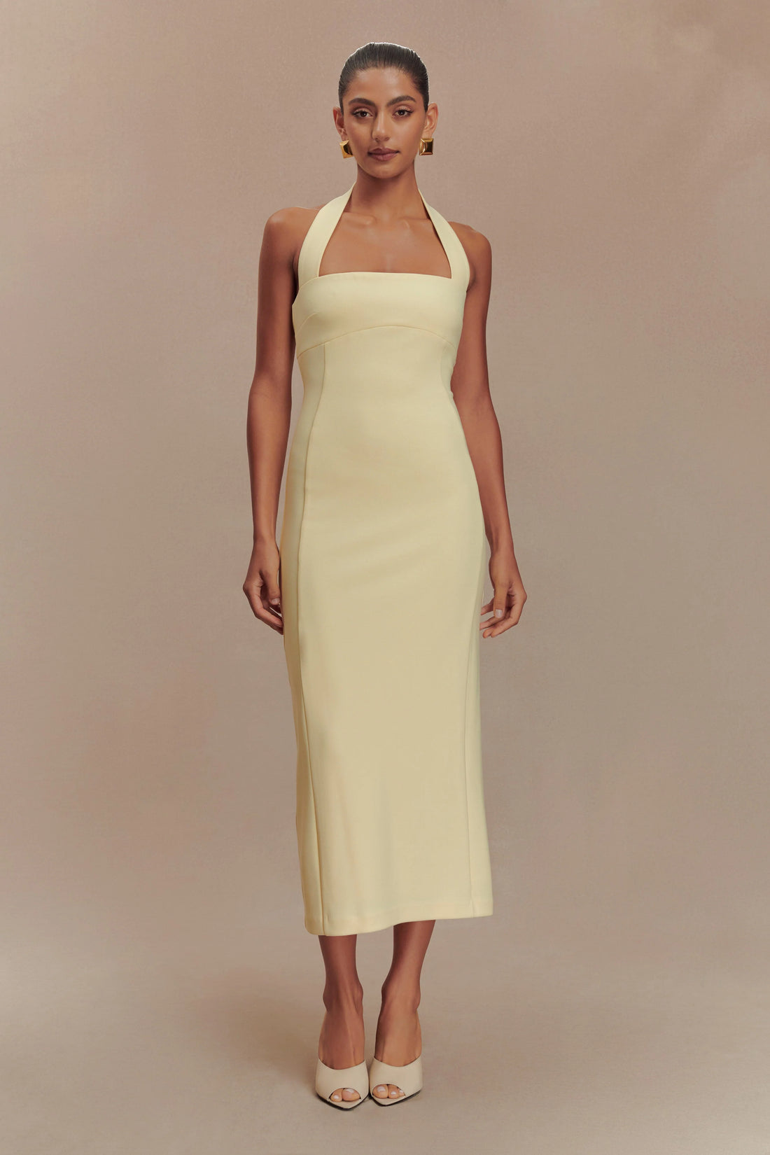 Cream halter midi dress with square neckline and fitted silhouette — Meshki | Endless UAE