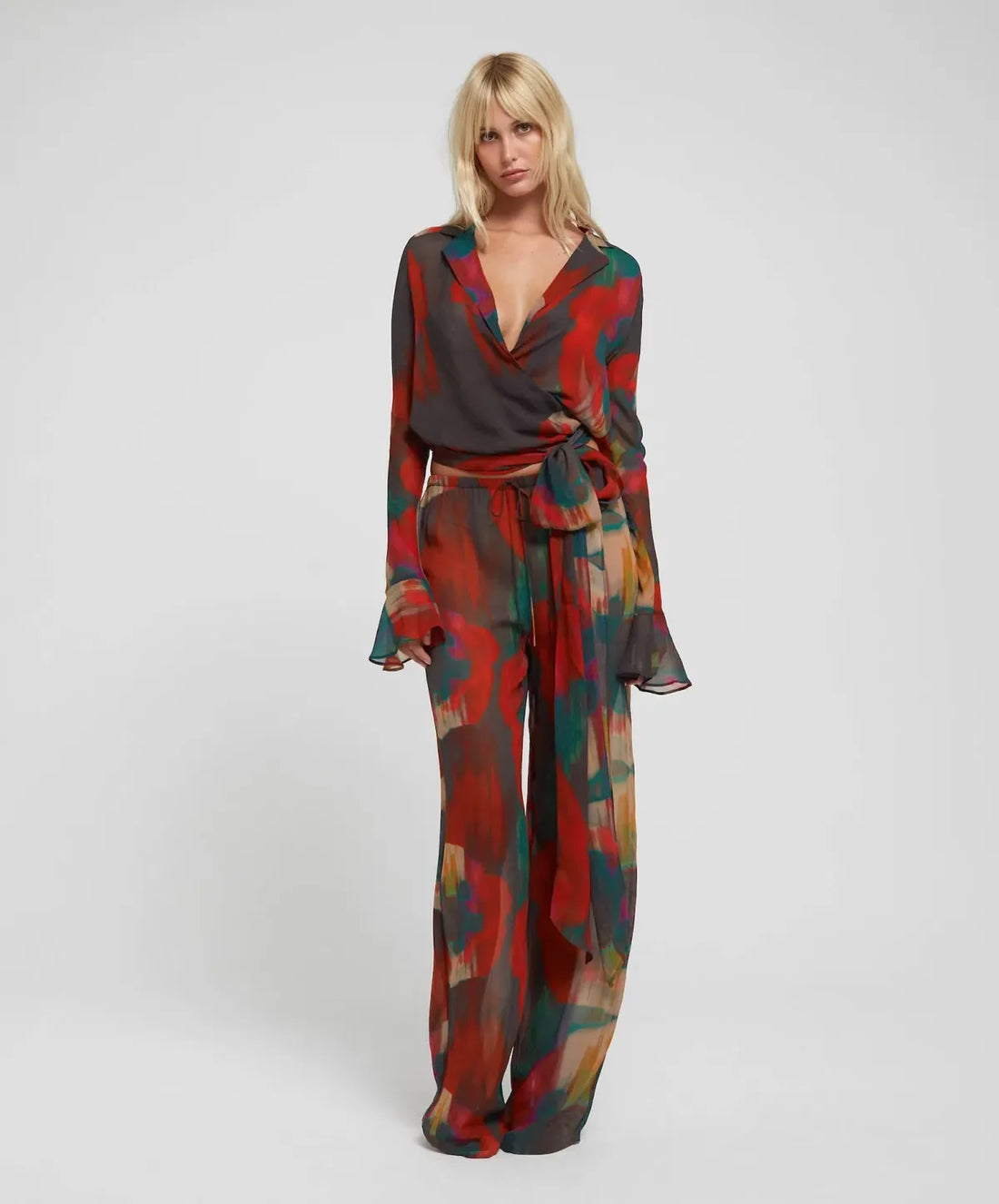 Gemini Co-ord Set in red and teal abstract print with wrap top and matching skirt — Rat & Boa | Endless UAE