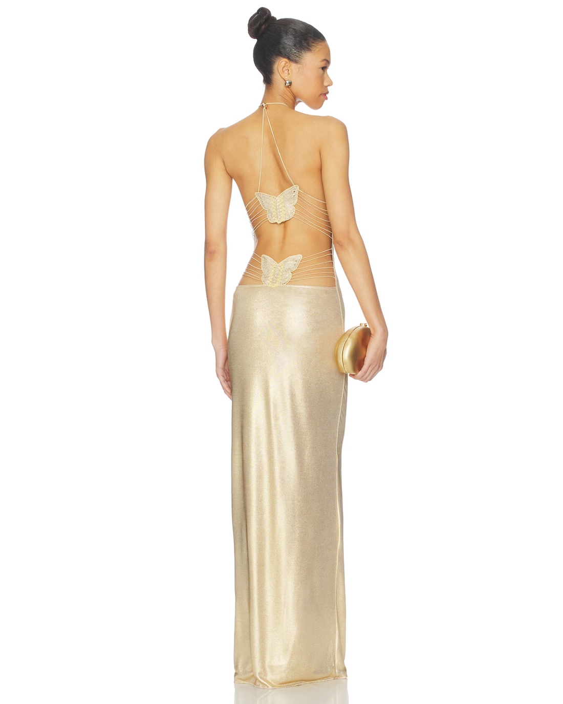 Gold halter maxi dress with butterfly embellishments and open back — I.AM.GIA | Endless UAE