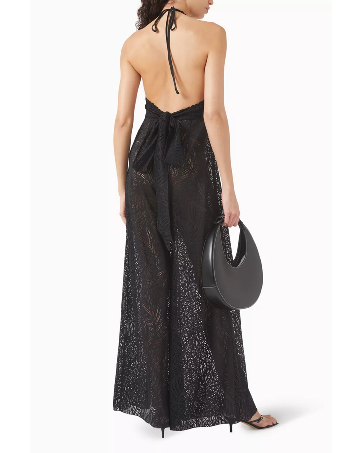 Black lace halterneck wide-leg jumpsuit with intricate pattern detailing — Alexandra Miro | Endless UAE