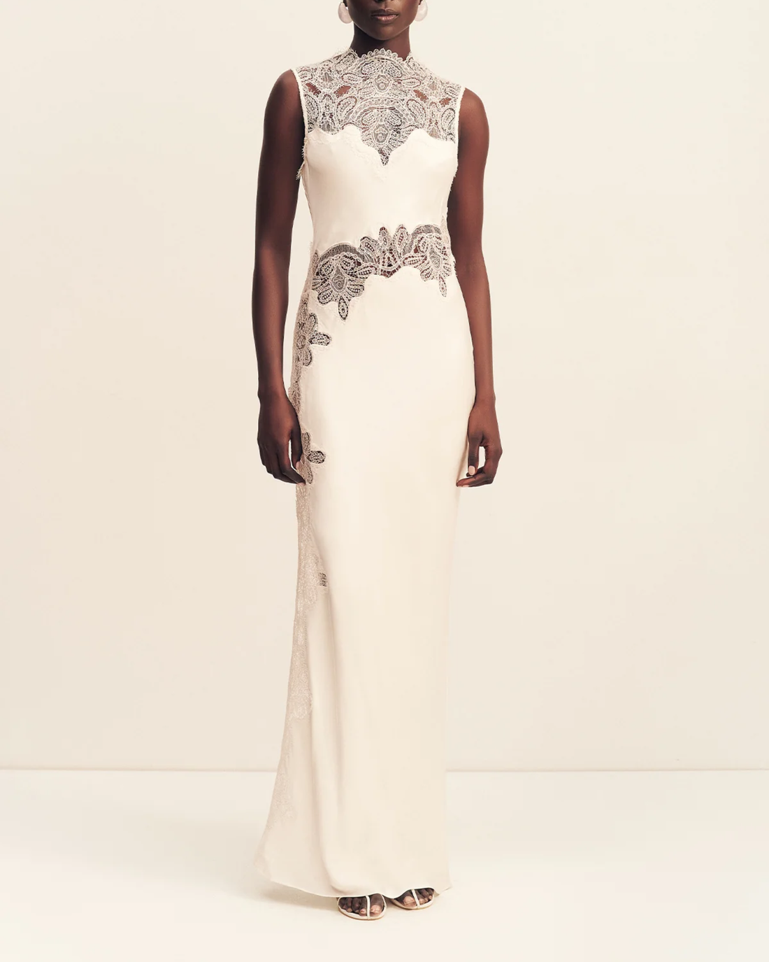 Stratus Sheer Lace High Neck Maxi Dress in cream with intricate lace detailing — Shona Joy | Endless UAE