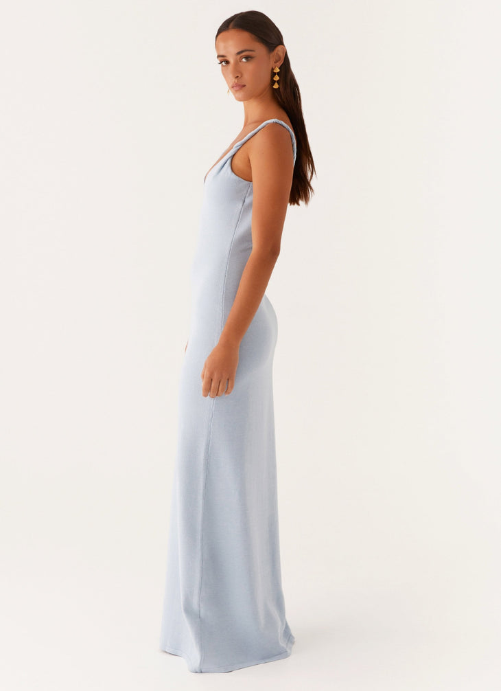 Light blue sleeveless maxi dress with V-neckline on model — Peppermayo | Endless UAE