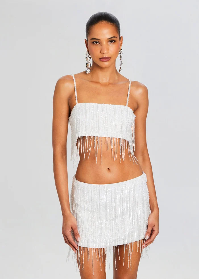 White fringed sequin crop top and mini skirt two-piece set — Retrofete | Endless UAE