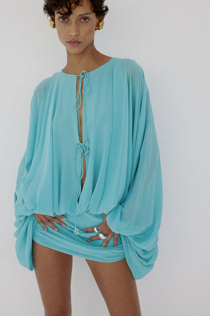 Turquoise Eulalia Mini Dress with draped sleeves and drawstring neckline — De La Vali | Endless UAE