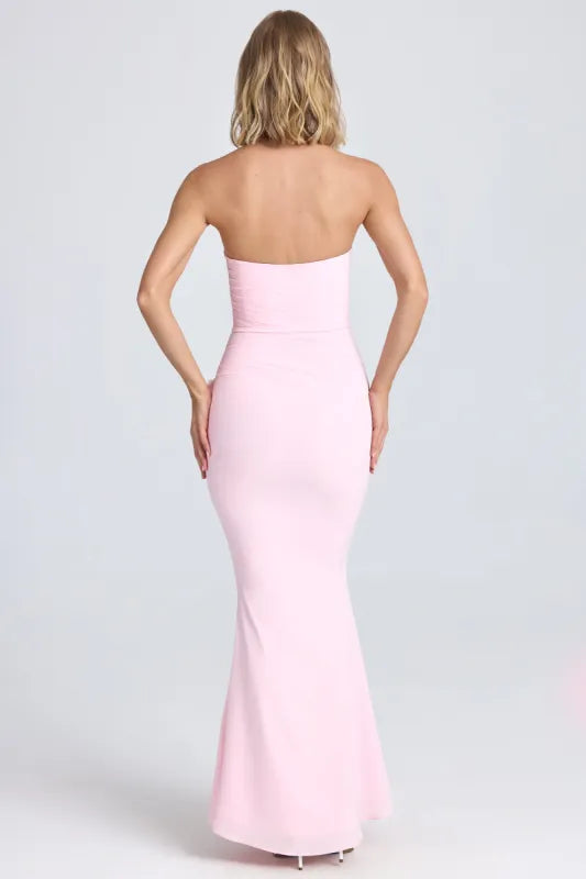 Woman wearing pink strapless maxi dress with floral appliqué details — Oh Polly | Endless UAE