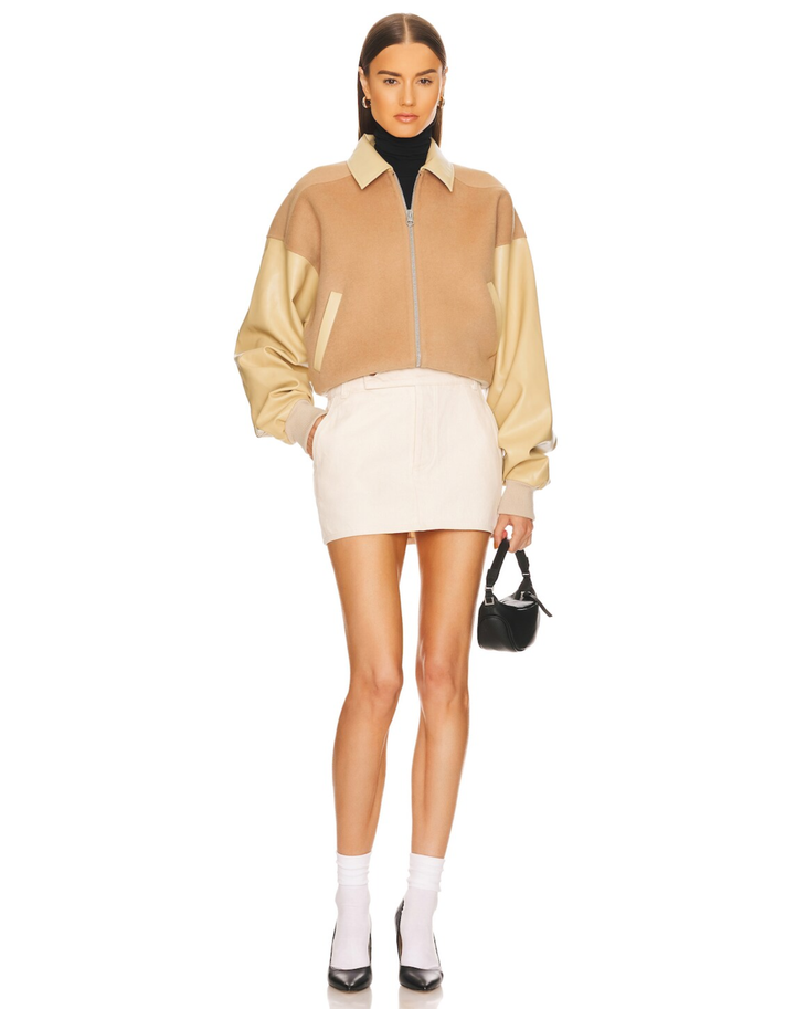 Faux Leather & Wool Blend Bomber in camel and cream — Helsa | Endless UAE