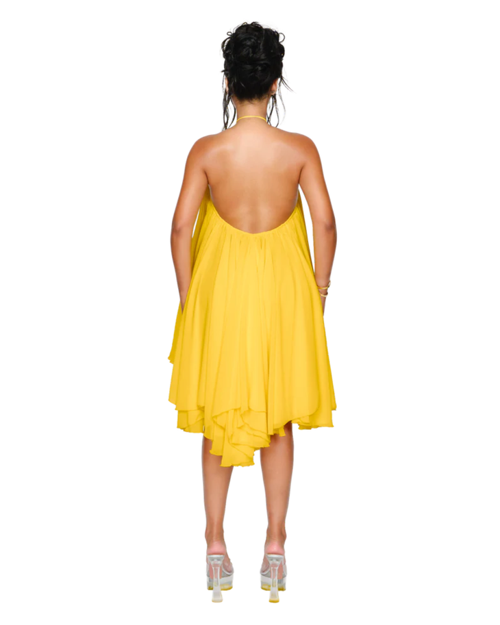 Yellow halter neck dress with layered ruffle hem and high-low asymmetrical cut — Coucoo | Endless UAE
