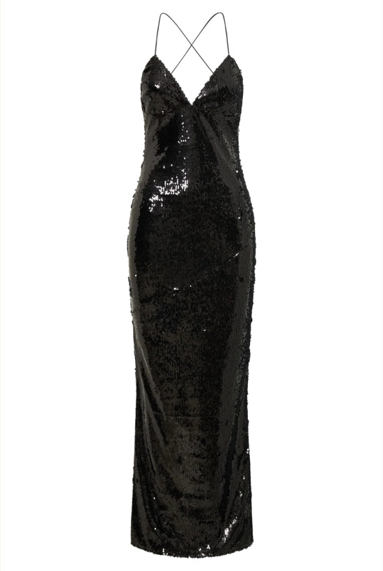Woman wearing black sequin maxi dress with open back and thin straps — Meshki | Endless UAE