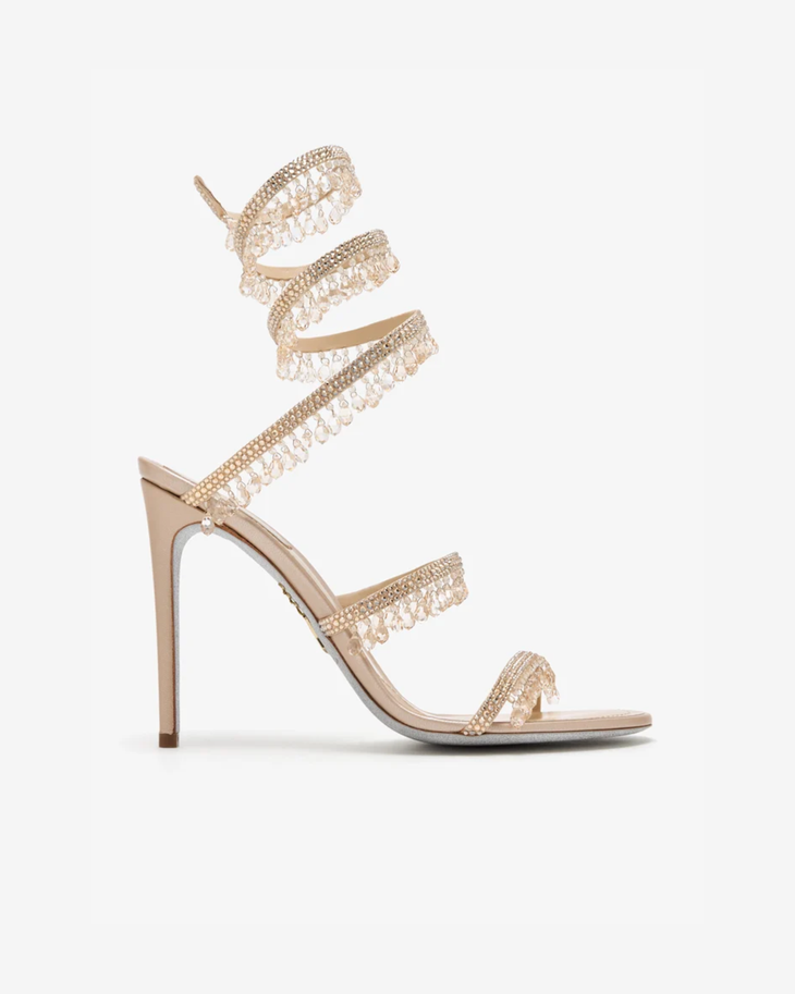 Champagne crystal chandelier heels with pearl-embellished straps and ankle wrap — Rene Caovilla | Endless UAE