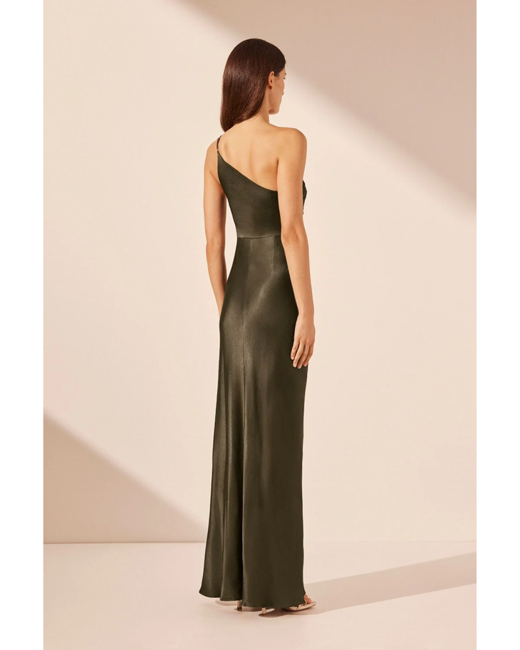 Olive asymmetrical gathered maxi dress with one-shoulder neckline and cutout detail — Shona Joy | Endless UAE