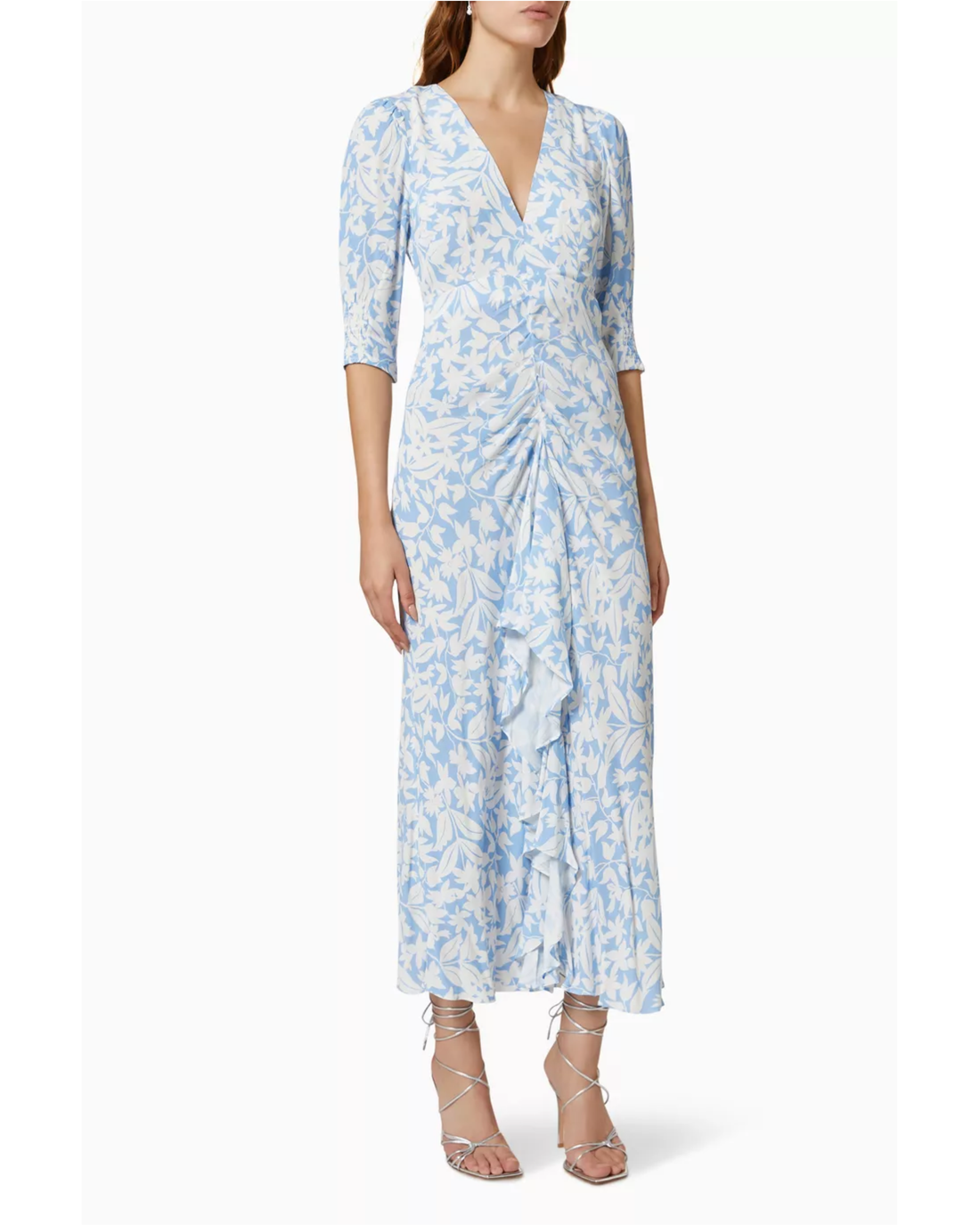 Blue floral print wrap midi dress with three-quarter sleeves — Rixo | Endless UAE