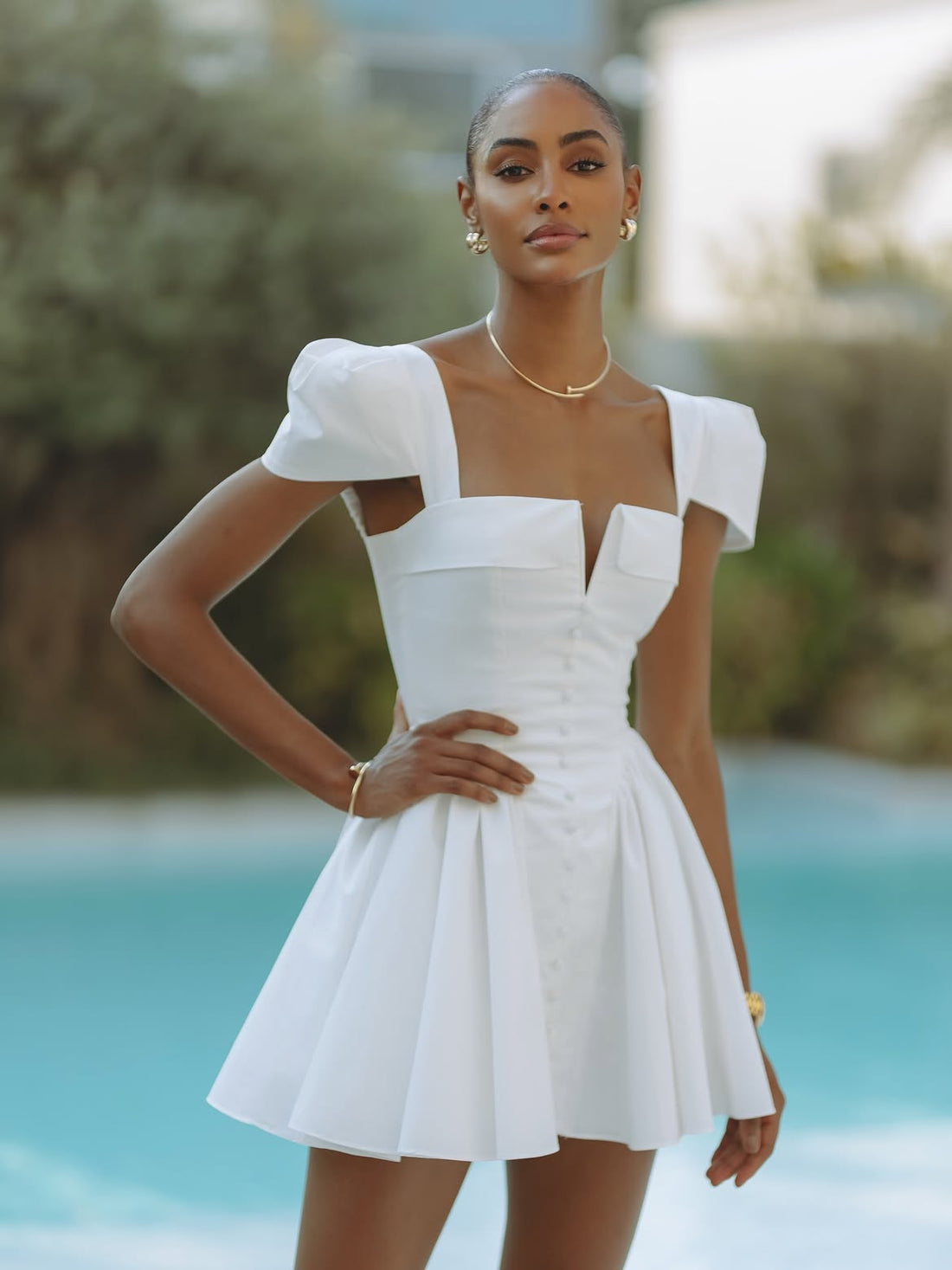 White Antonella Midi Dress with lace-up back and short sleeves — Chic le Frique | Endless UAE