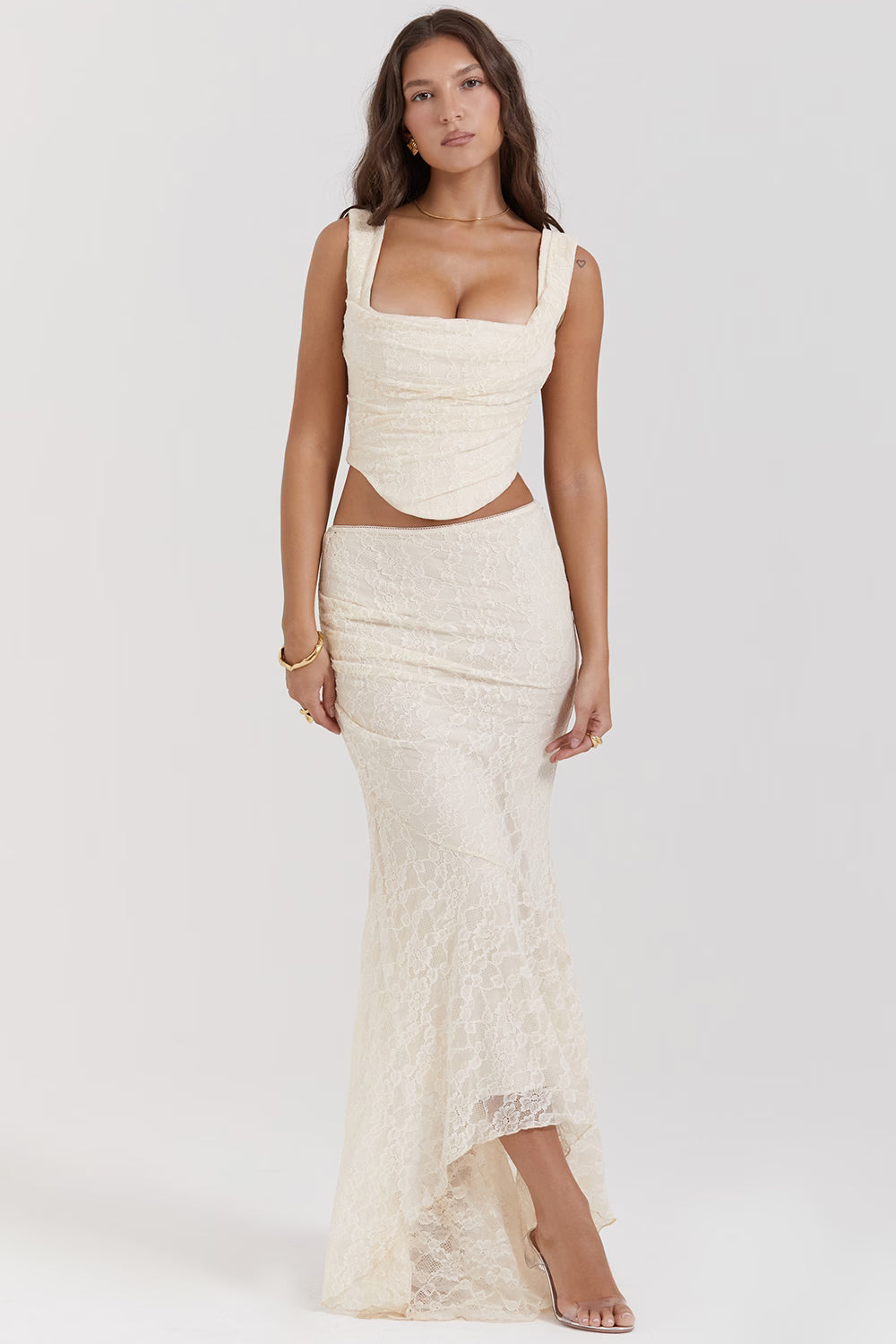 Cream lace two-piece co-ord set with square neckline crop top and maxi skirt — House of CB | Endless UAE