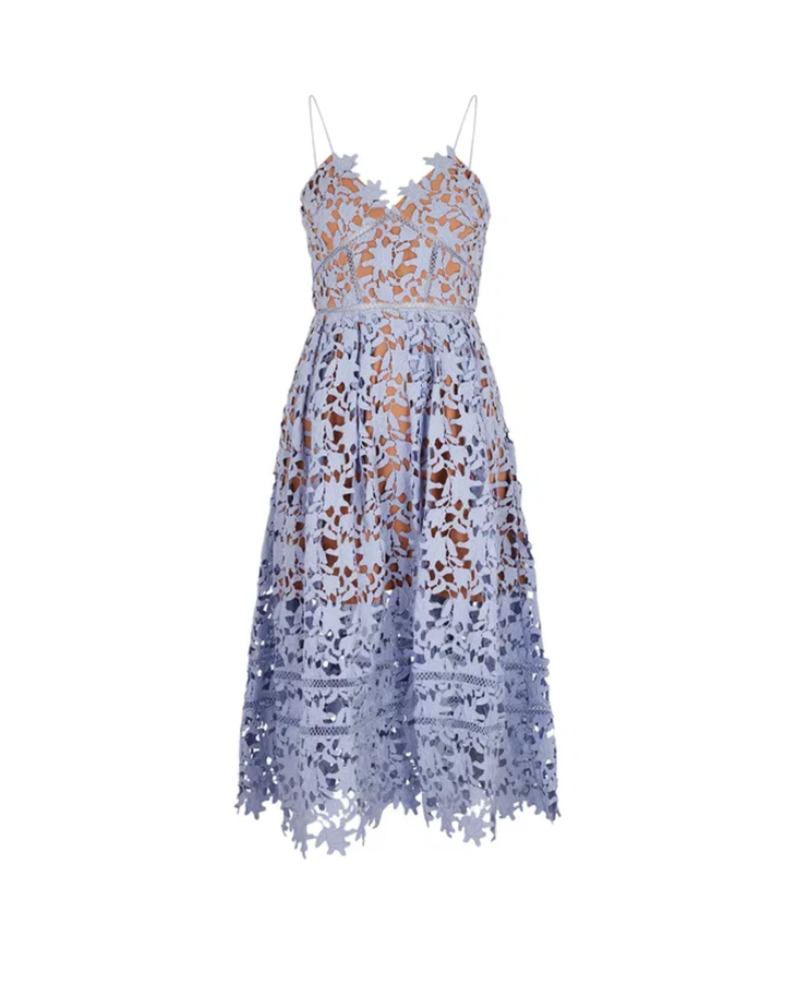 Light blue guipure lace midi dress with open back and tiered skirt — Self-Portrait | Endless UAE