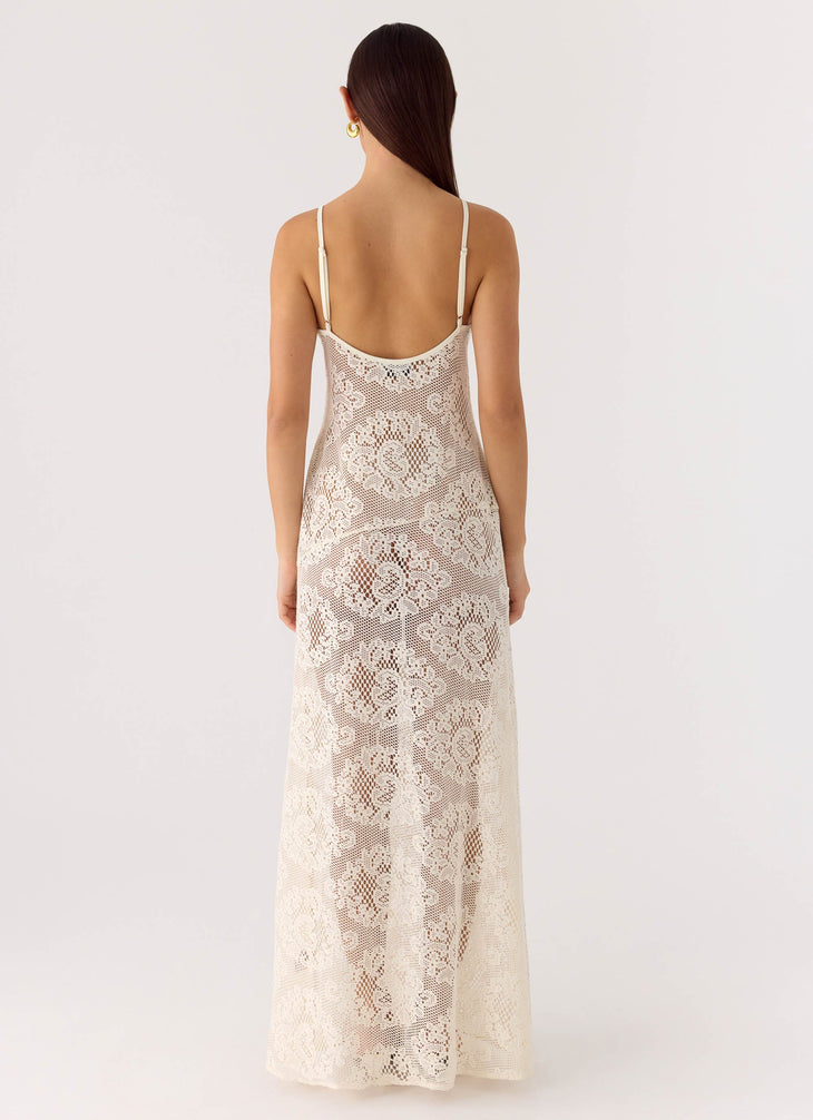 Annalee Maxi Dress in cream lace with V-neckline and thin straps — Peppermayo | Endless UAE