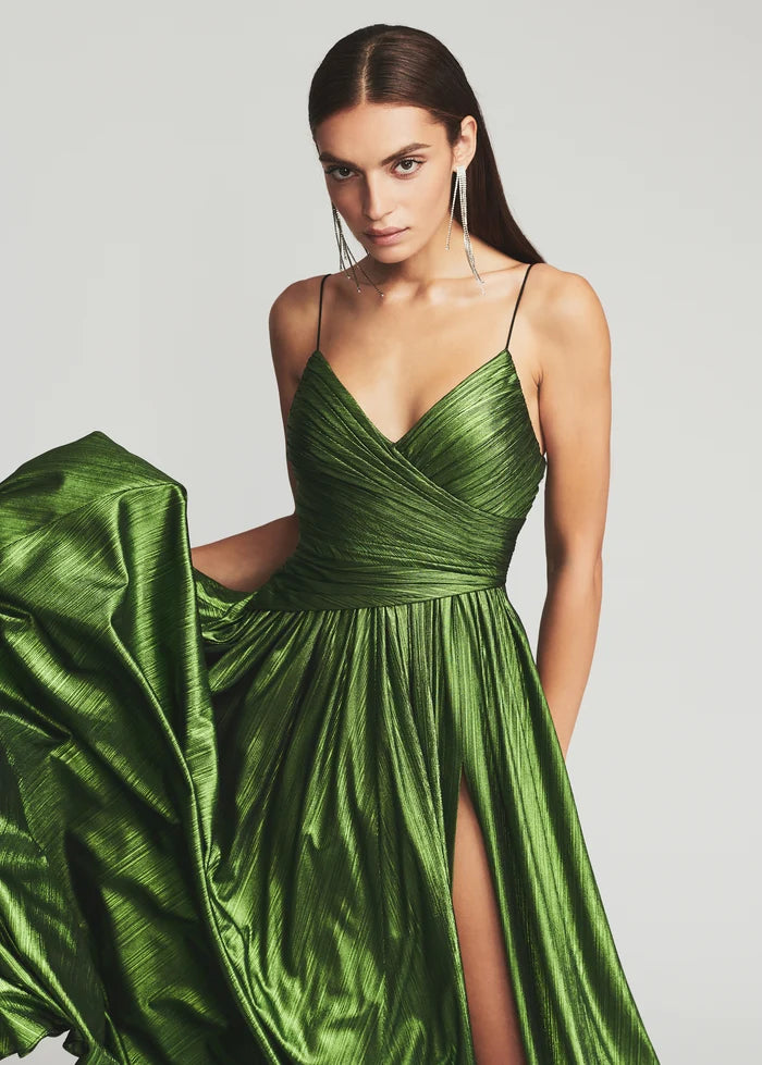 Green metallic pleated wrap dress with spaghetti straps and high slit — Retrofete | Endless UAE