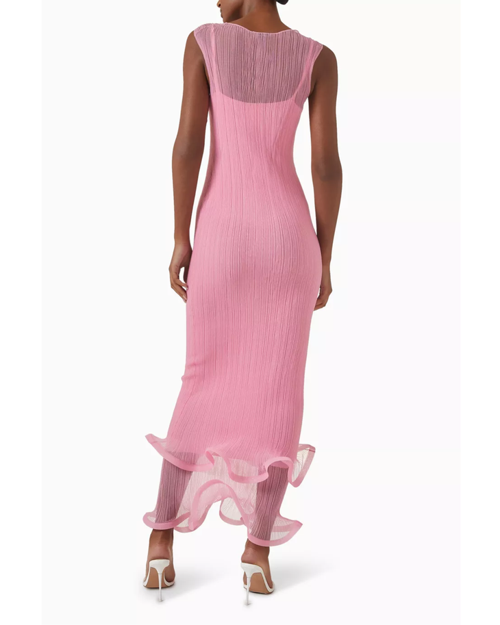 Pink ribbed sleeveless midi dress with ruffled hem detail — Simkhai | Endless UAE