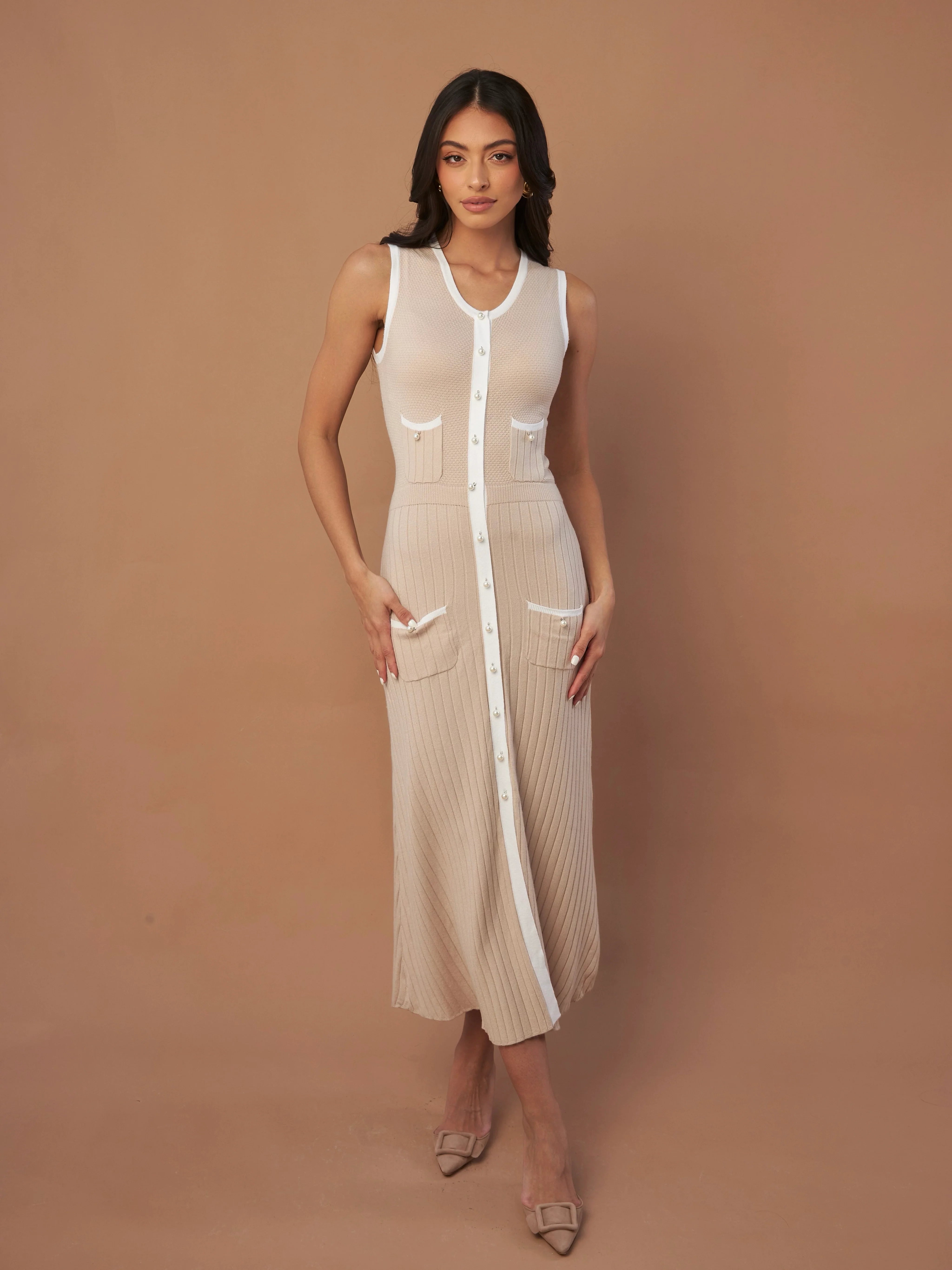 Pearl knit dress with button front and pocket details on cream background — Marble | Endless UAE