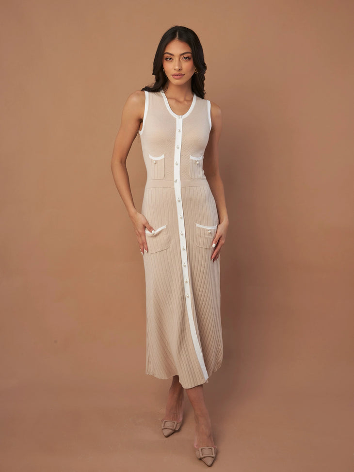 Pearl knit dress with button front and pocket details on cream background — Marble | Endless UAE