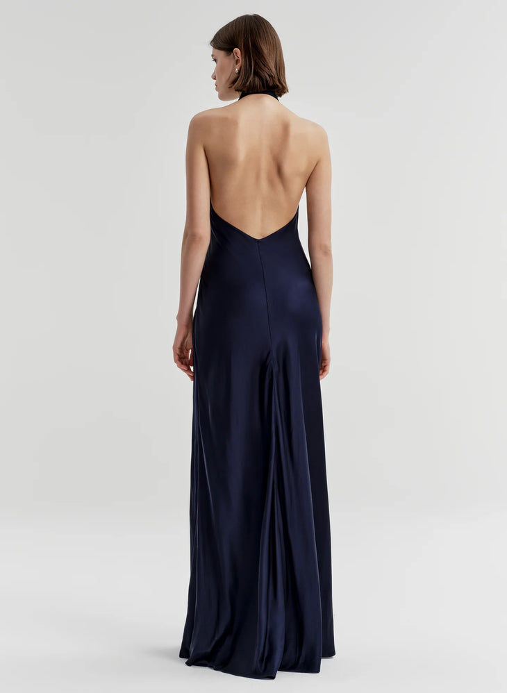 Black halter satin gown with twisted center detail and flowing hem — ALC | Endless UAE