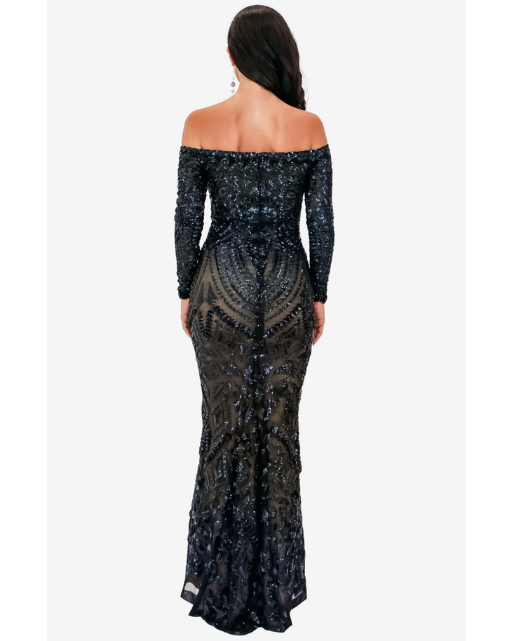 Black sequined off-shoulder long-sleeve gown with geometric beading pattern — Nadine Merabi | Endless UAE