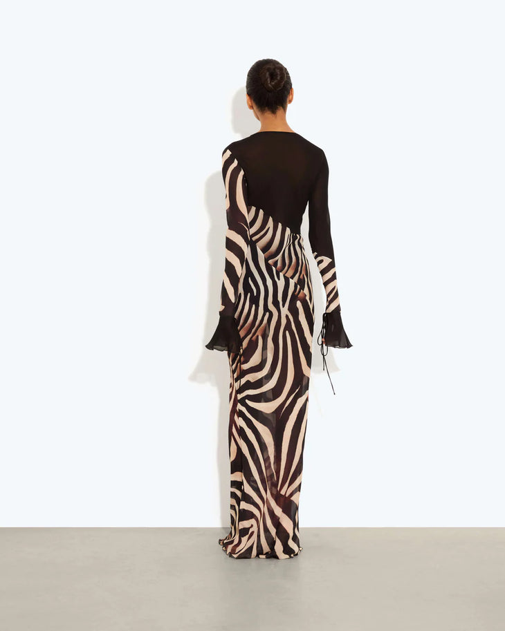 Sabine Dress in zebra print with long sheer sleeves and deep V-neckline — Rat & Boa | Endless UAE