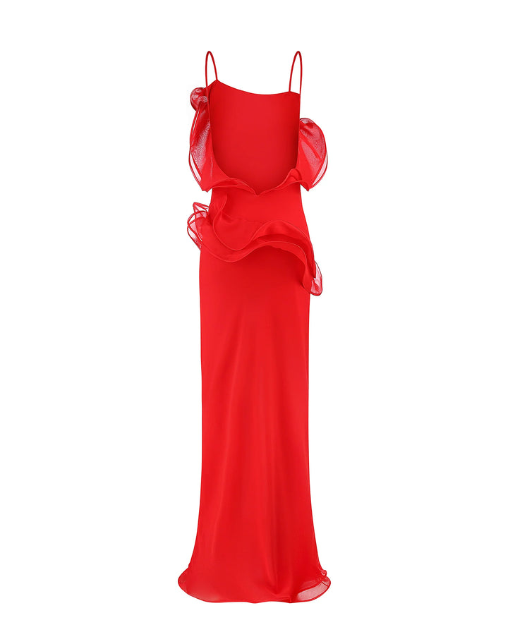 Red chiffon maxi dress with cold shoulder and ruffle details — Selezza London | Endless UAE