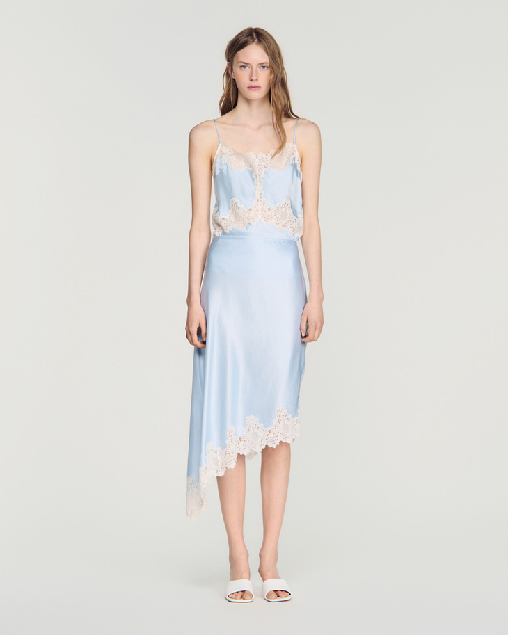 Light blue silk camisole and asymmetric skirt set with lace trim — Sandro | Endless UAE