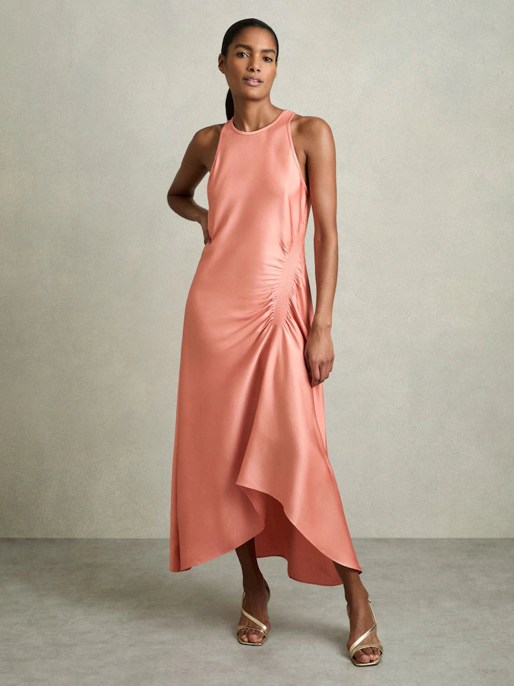 Coral satin sleeveless midi dress with ruched side detail and asymmetrical hem — Reiss | Endless UAE