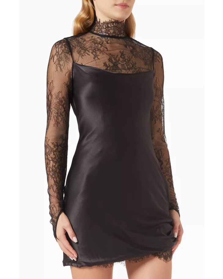 Black satin mini dress with lace sleeves and choker neckline — De La Vali | Endless UAE